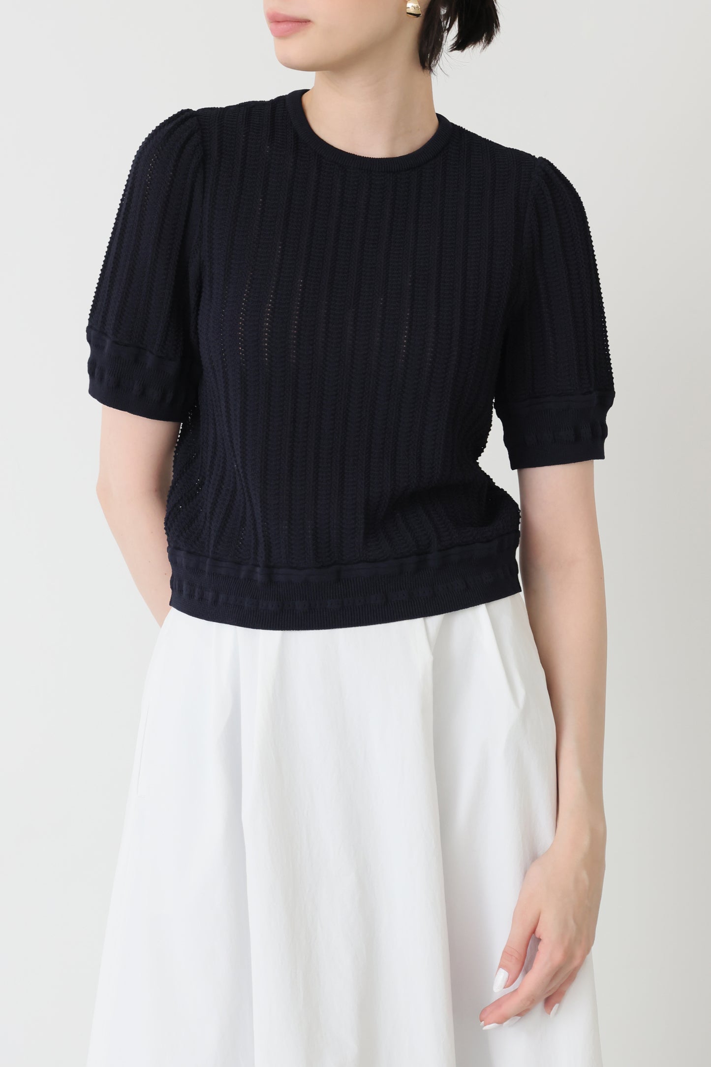 Jane half-sleeve knit tops (Navy)