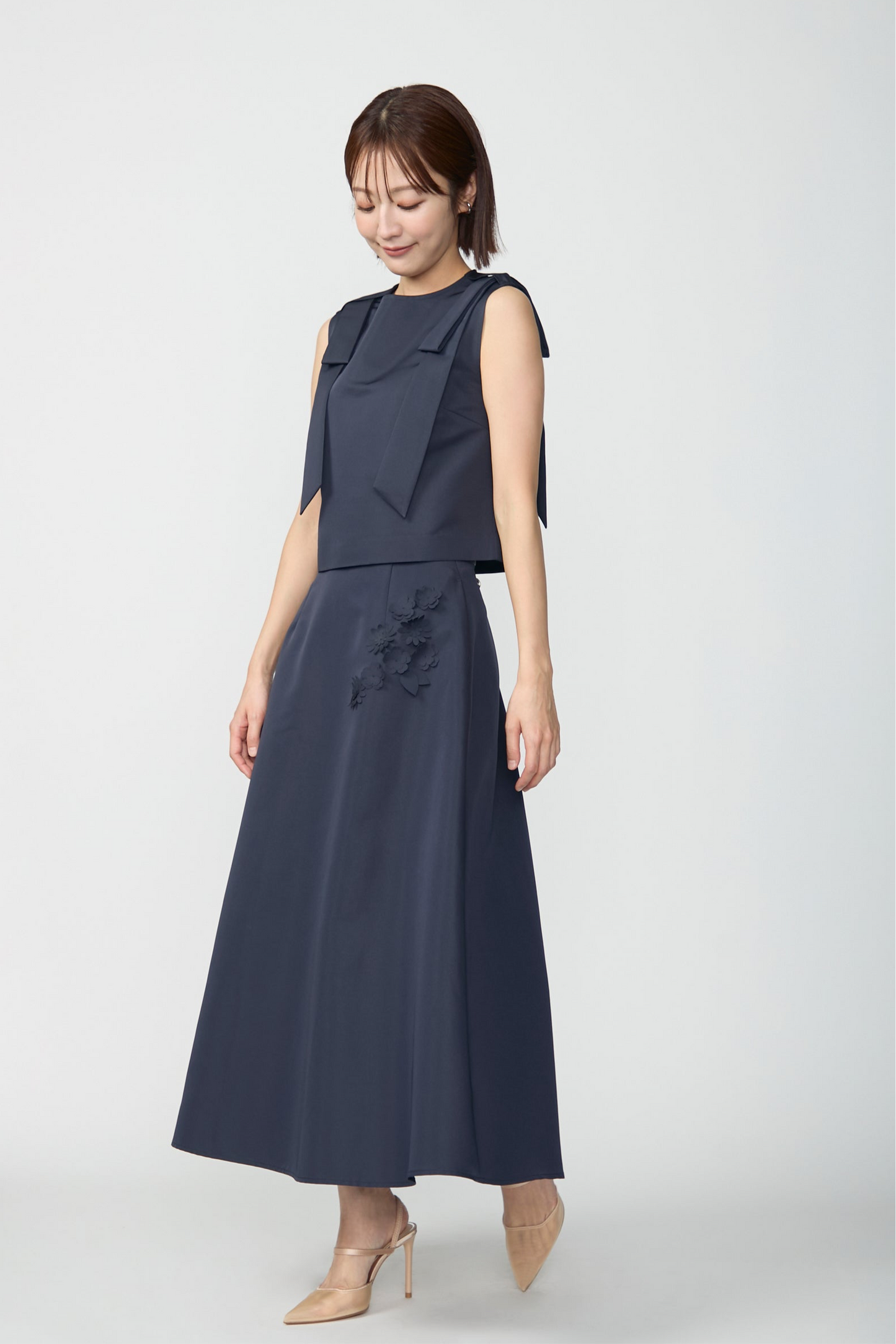 Bouquet grosgrain circular skirt(Navy)