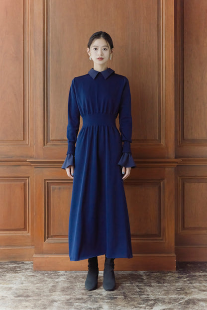 Elastic knit dress (Navy blue)