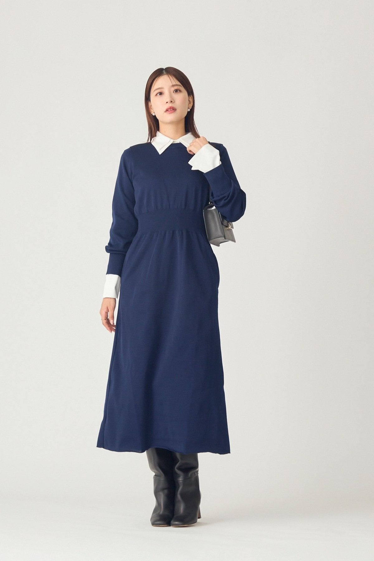 Elastic knit dress (Navy blue)