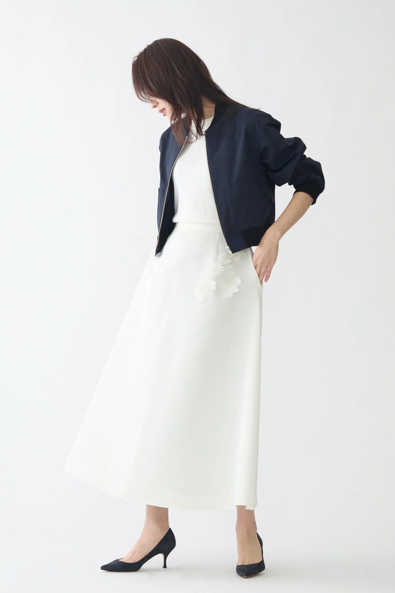 Bouquet grosgrain circular skirt(White)