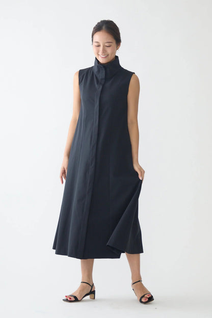 Stand neck flowing  dress(Dark navy)