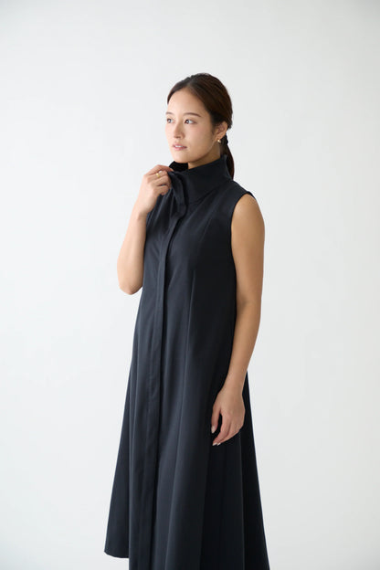 Stand neck flowing  dress(Dark navy)