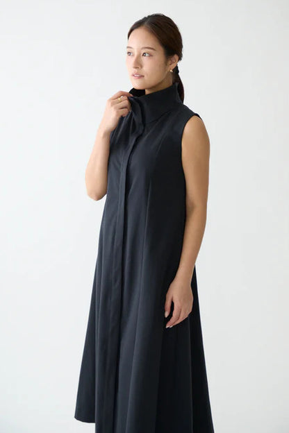 Stand neck flowing  dress(Dark navy)