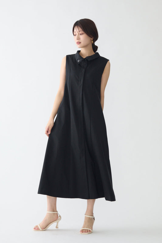 Stand neck flowing  dress(Charcoal Black)