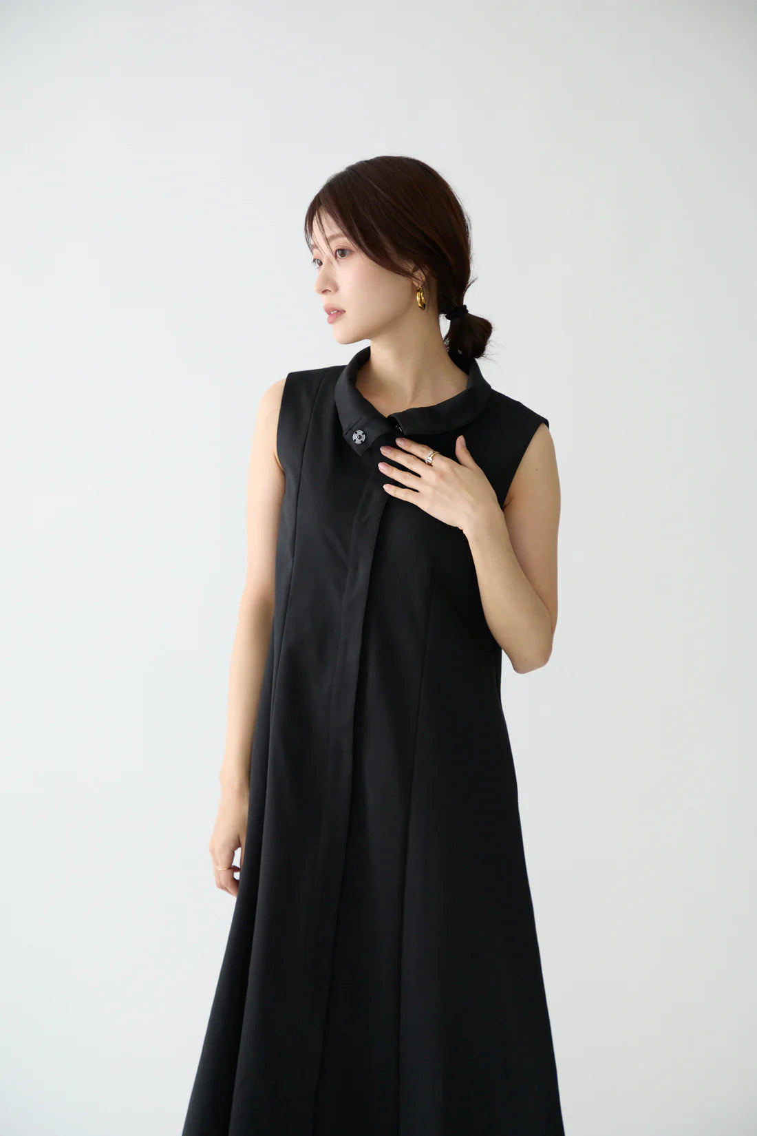 Stand neck flowing  dress(Charcoal Black)