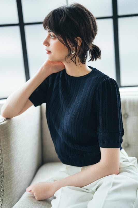 Jane half-sleeve knit tops (Navy)