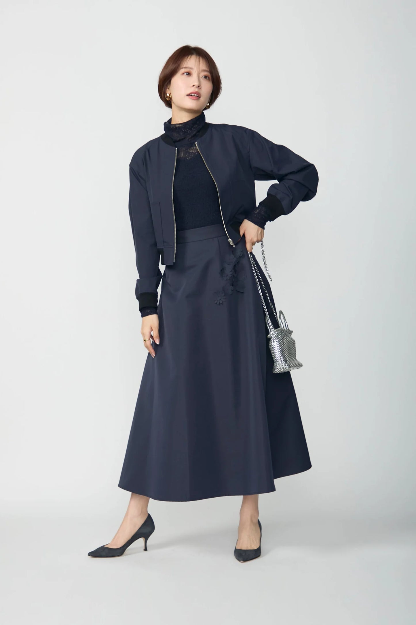 Bouquet grosgrain circular skirt(Navy)