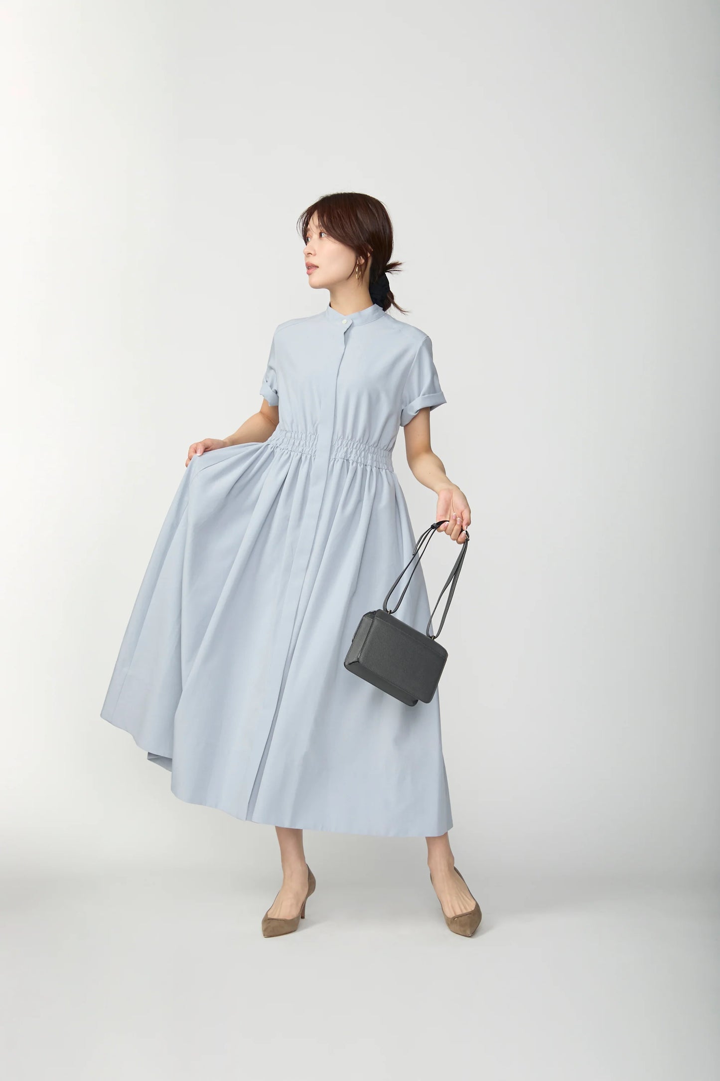 Shirring shirt dress(Blue gray)