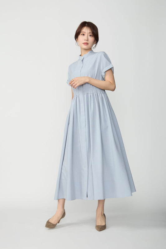 Shirring shirt dress(Blue gray)