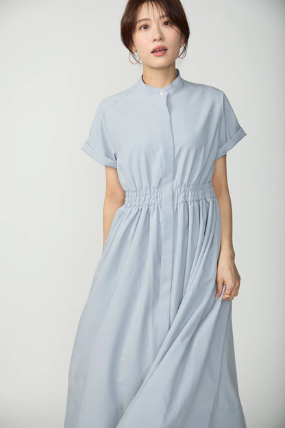 Shirring shirt dress(Blue gray)