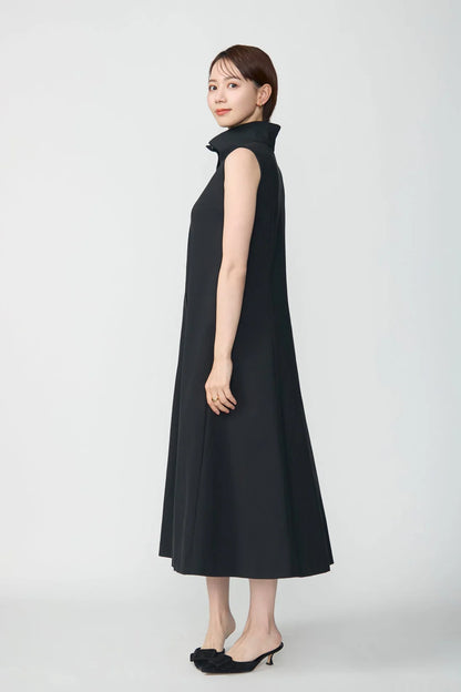Stand neck flowing  dress(Charcoal Black)