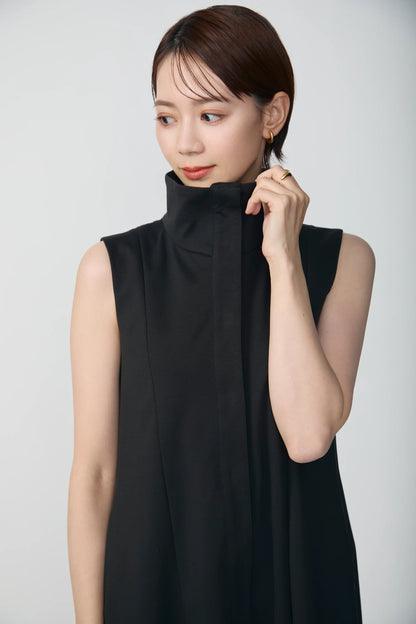Stand neck flowing  dress(Charcoal Black)