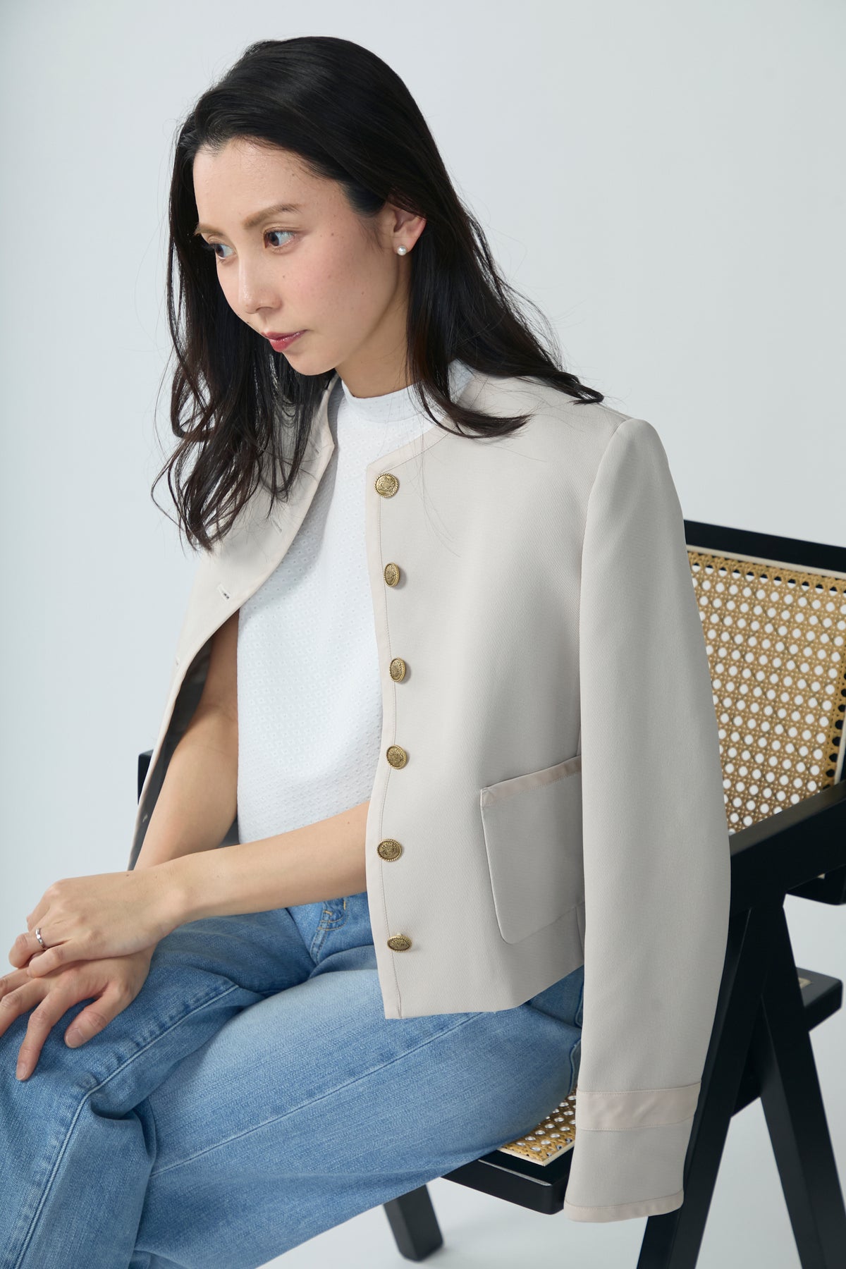 No collar box jacket (Beige×Beige) – Audire