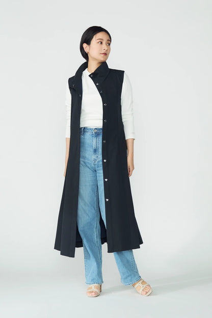 Stand neck flowing  dress(Dark navy)