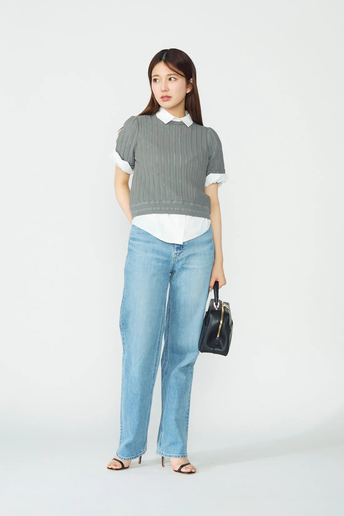 Jane half-sleeve knit tops (Gray)