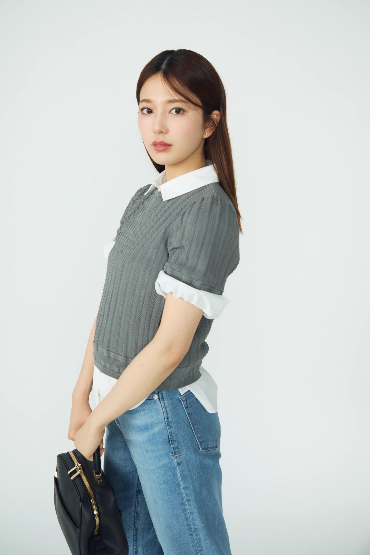 Jane half-sleeve knit tops (Gray)