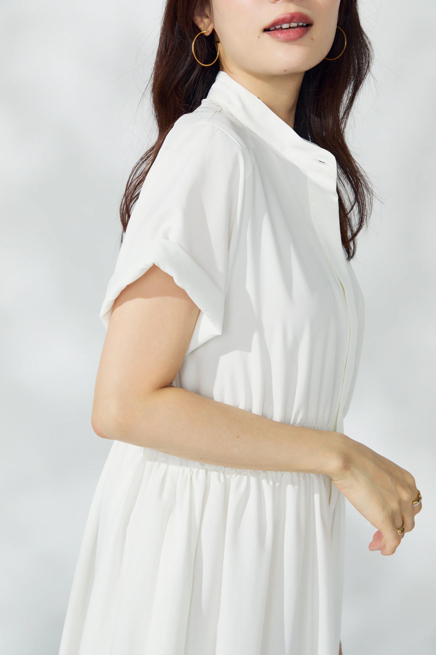 Shirring shirt dress(White)