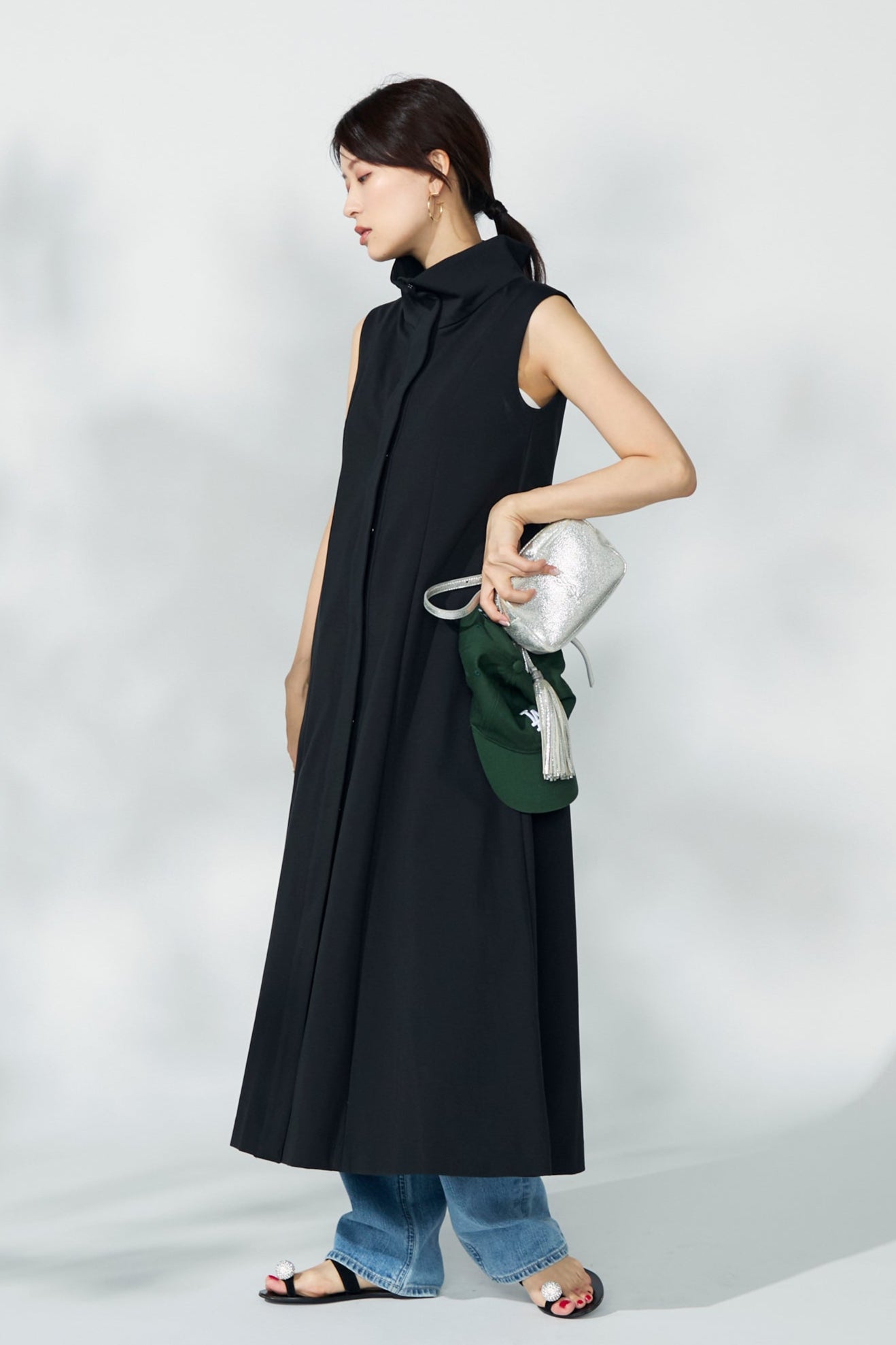 Stand neck flowing  dress(Charcoal Black)