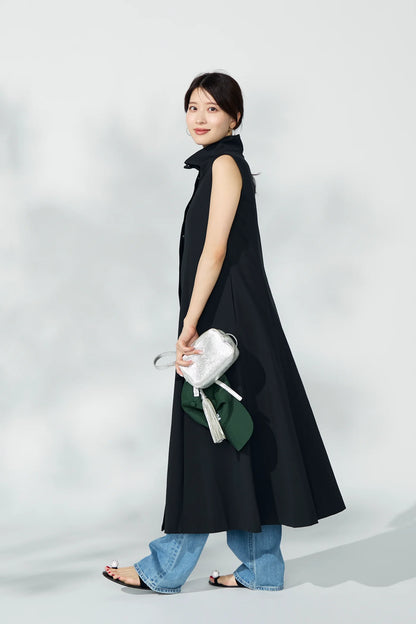 Stand neck flowing  dress(Charcoal Black)