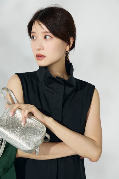 Stand neck flowing  dress(Charcoal Black)