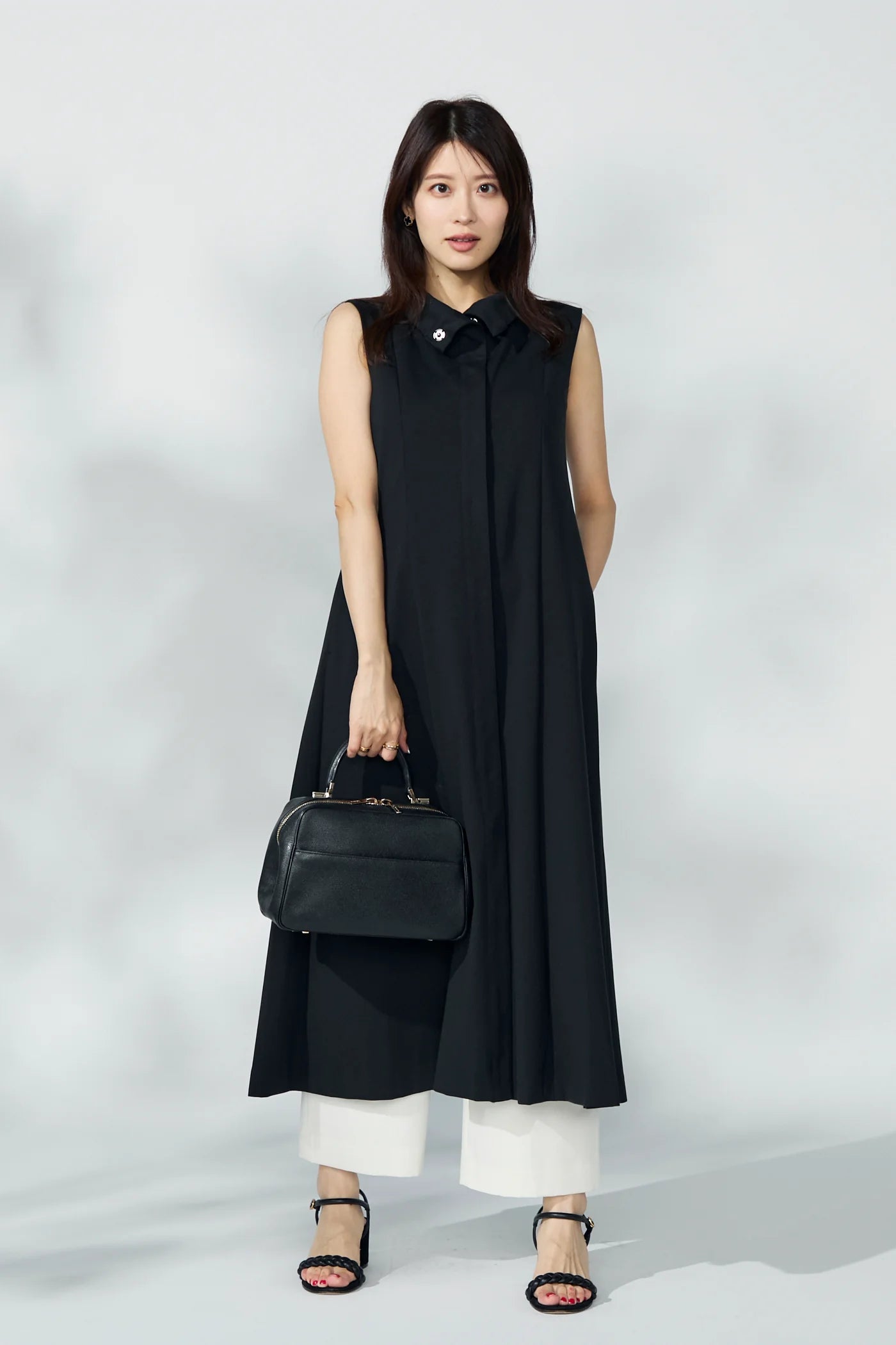 Stand neck flowing  dress(Charcoal Black)