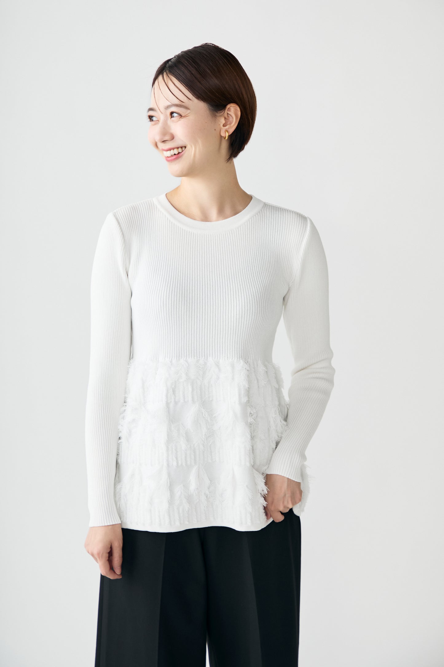 Fringe rib knit tops(White)