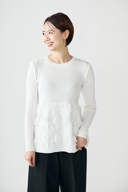 Fringe rib knit tops(White)