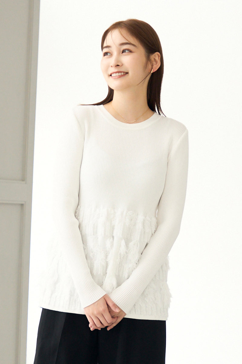Fringe rib knit tops(White)