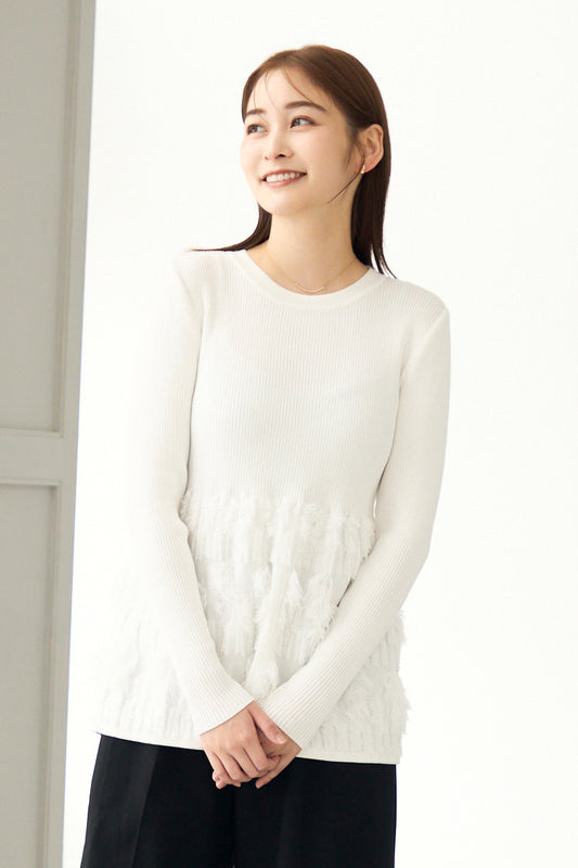 Fringe rib knit tops(White)