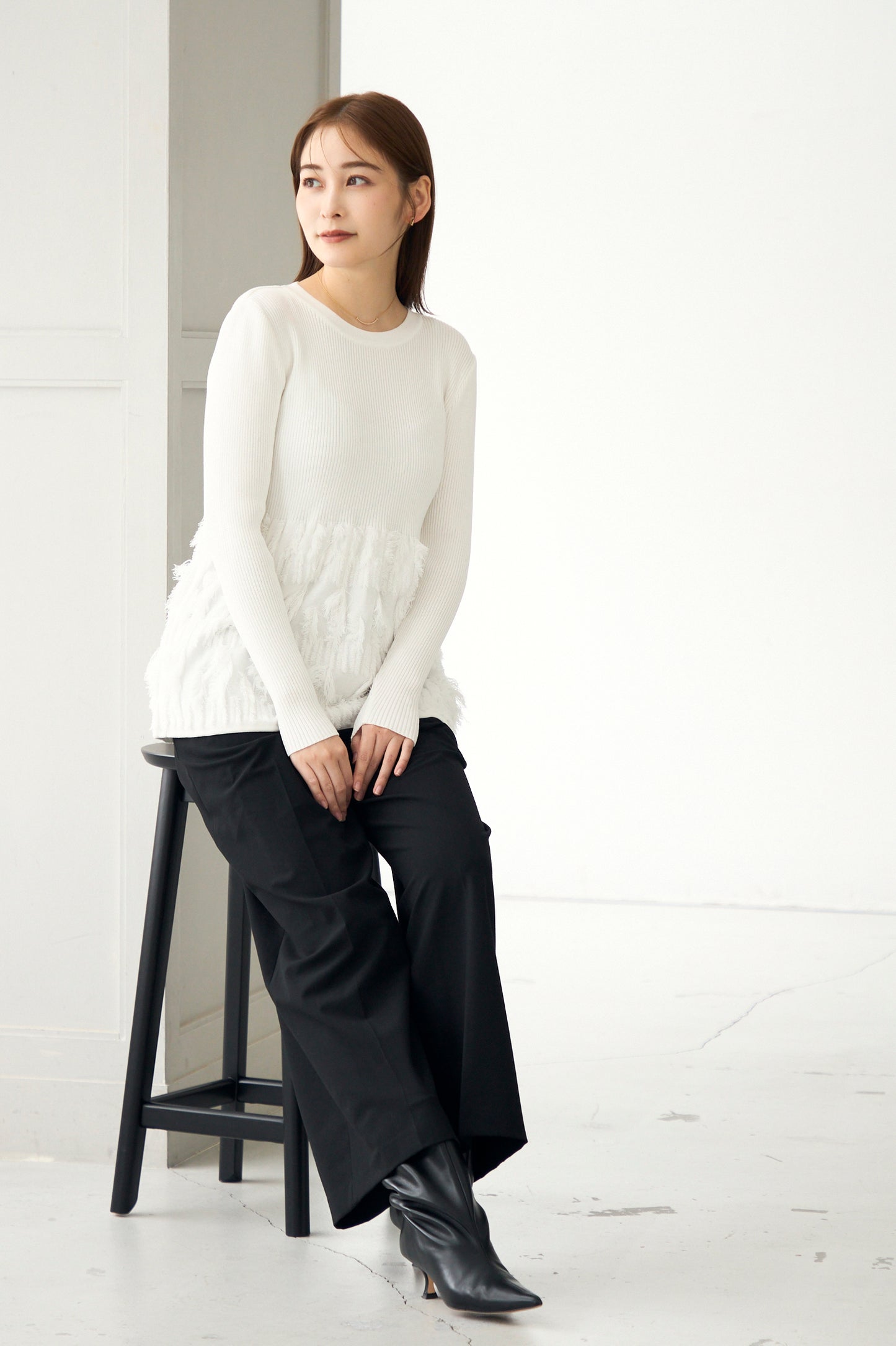 Fringe rib knit tops(White)