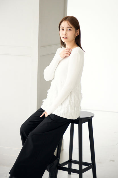 Fringe rib knit tops(White)