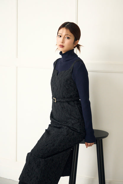 Jacquard  jumper skirt (Black flower) & pleasant rib turtle sweater (Navy)