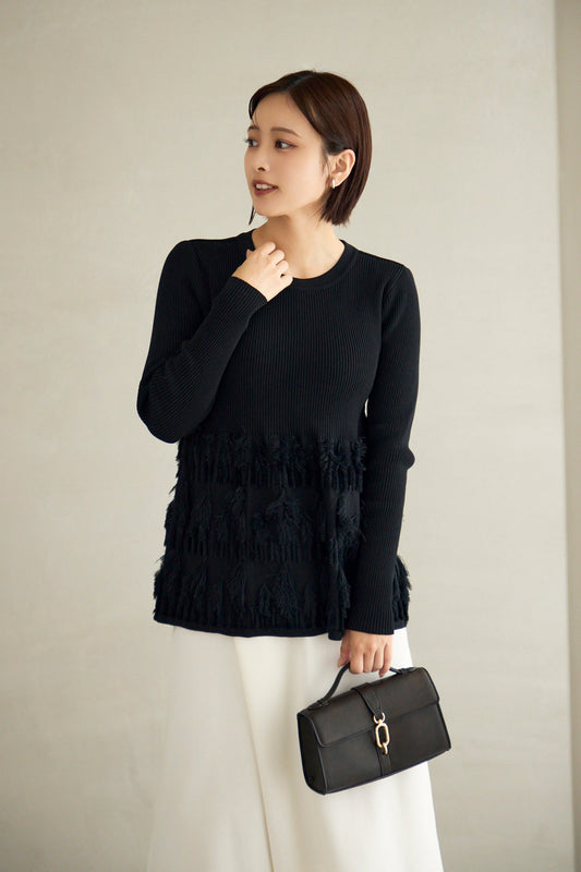 Fringe rib knit tops(Black)