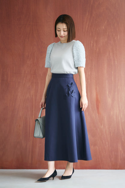 Bouquet grosgrain circular skirt(Navy)