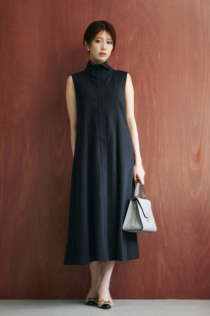 Stand neck flowing  dress(Charcoal Black)