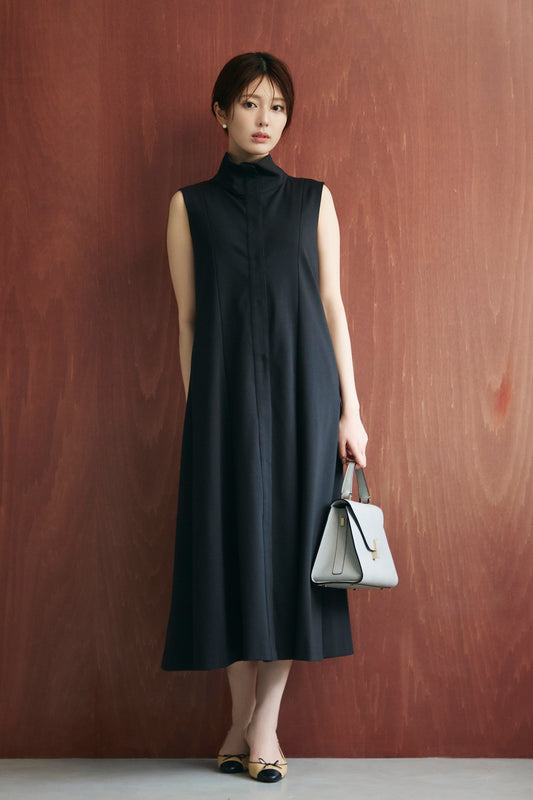 Stand neck flowing  dress(Charcoal Black)