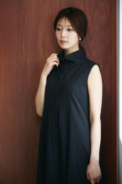 Stand neck flowing  dress(Charcoal Black)