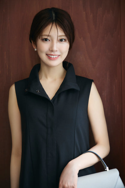 Stand neck flowing  dress(Charcoal Black)