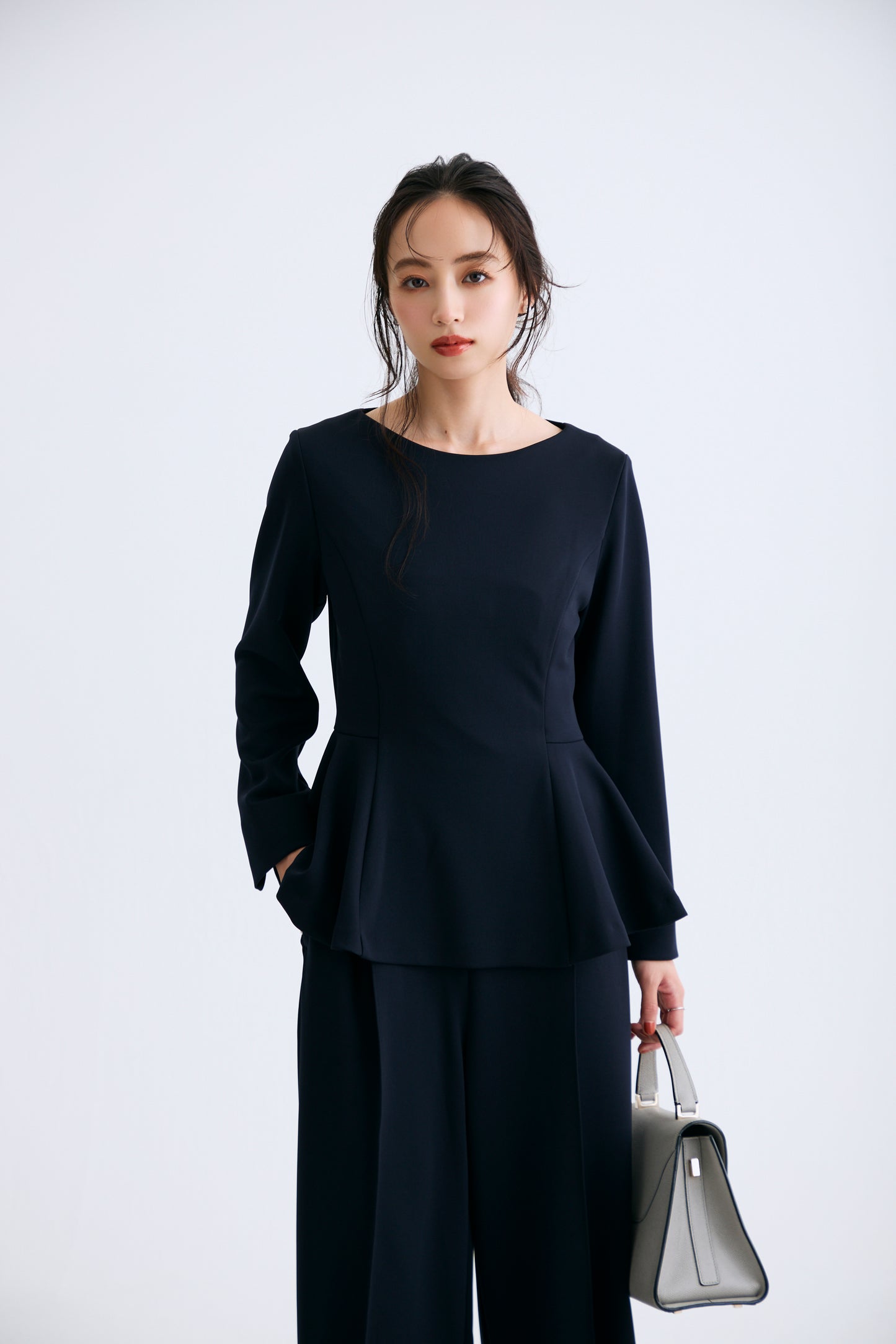 Office jersey peplum tops（Navy）