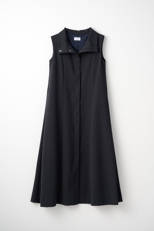 Stand neck flowing  dress(Dark navy)